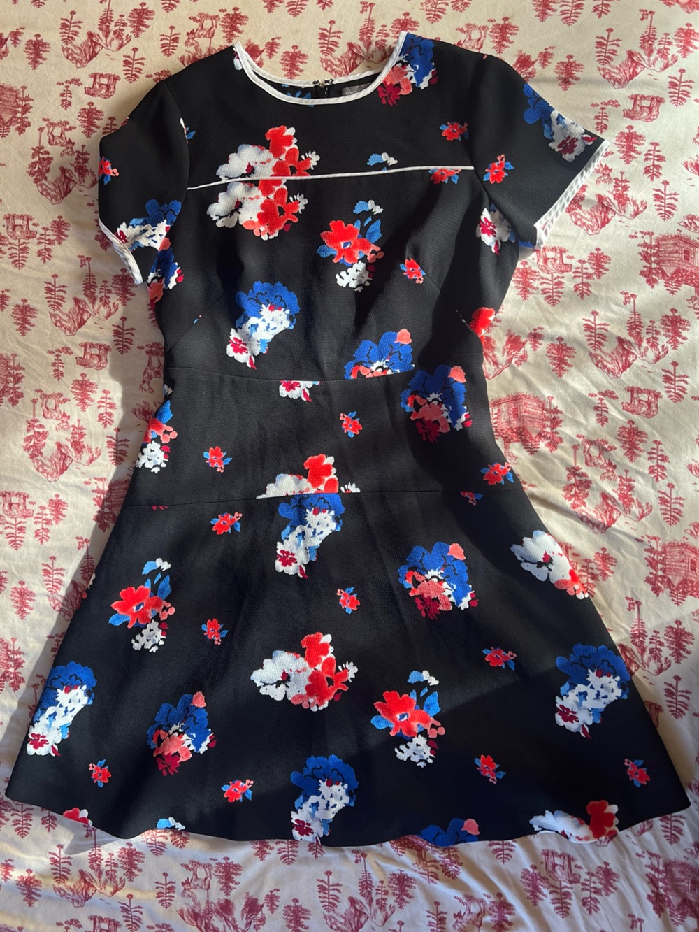 Vince Camuto Floral A-Line Dress in Black, Red, Blue, and White